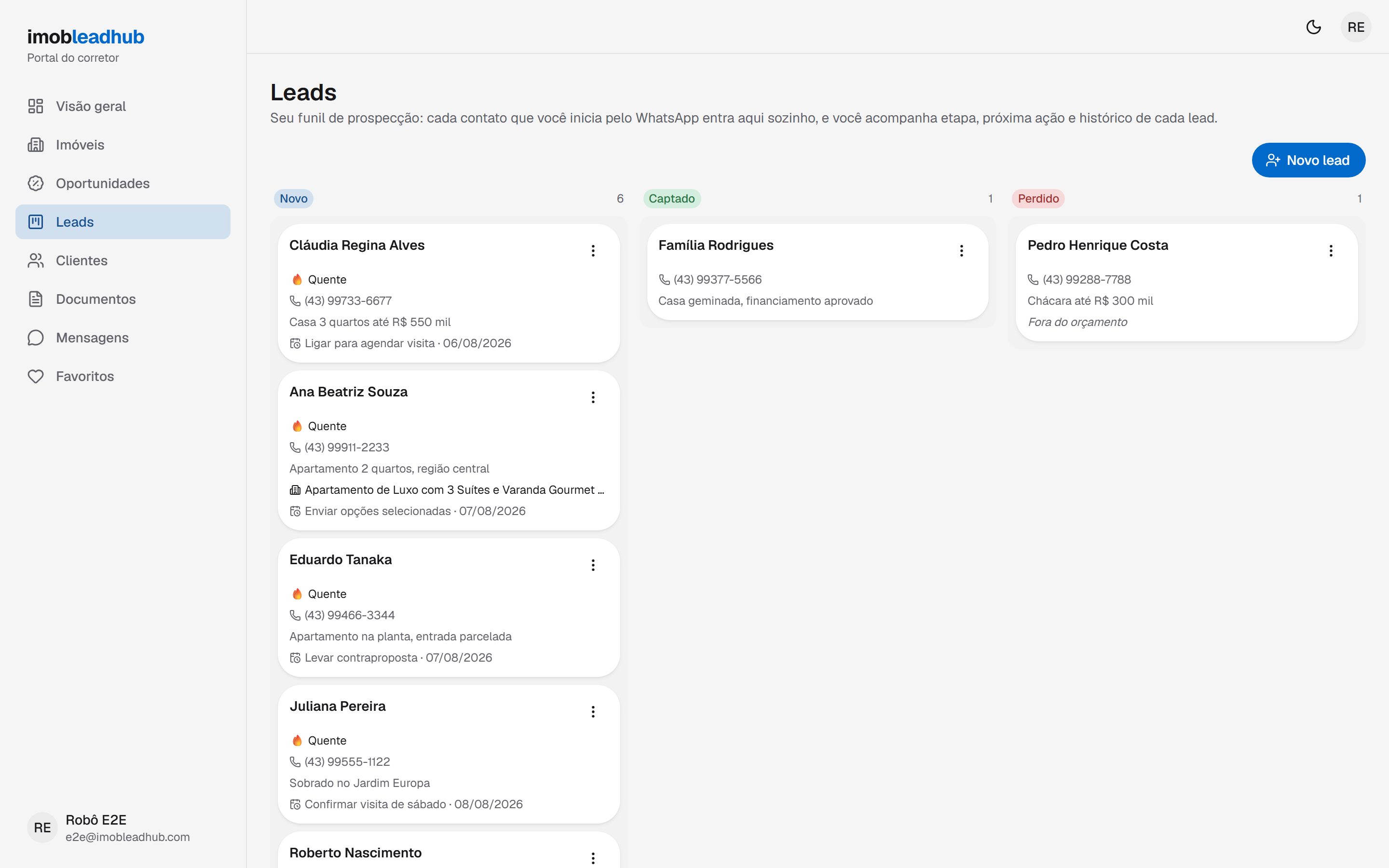 Funil de leads em kanban com etapas de prospecção